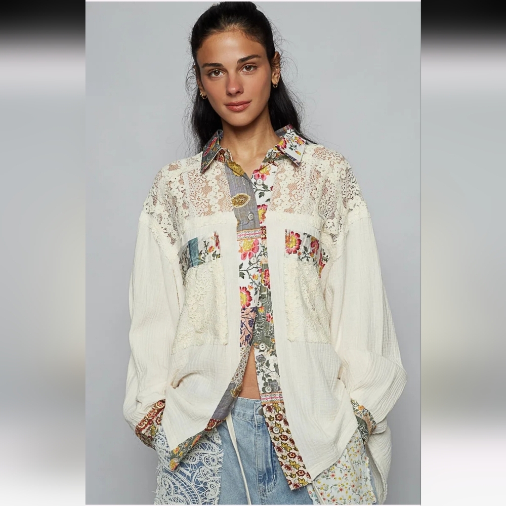 🔒POL Ivory Multi Lace Bohemian Patchwork Lace Blouse - Picture 2 of 4